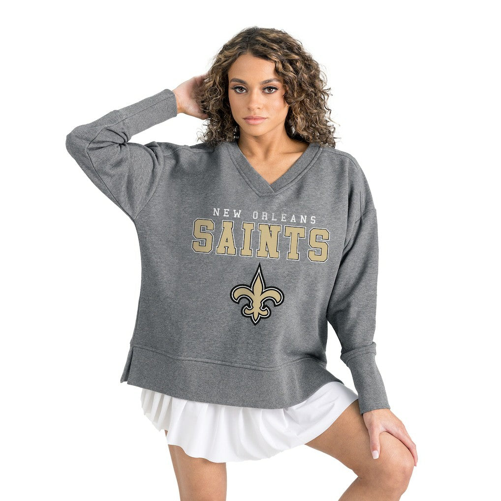 New Orleans Saints Gameday Couture Women's French Terry V-Neck Pullover Sweatshirt - Gray Pullover