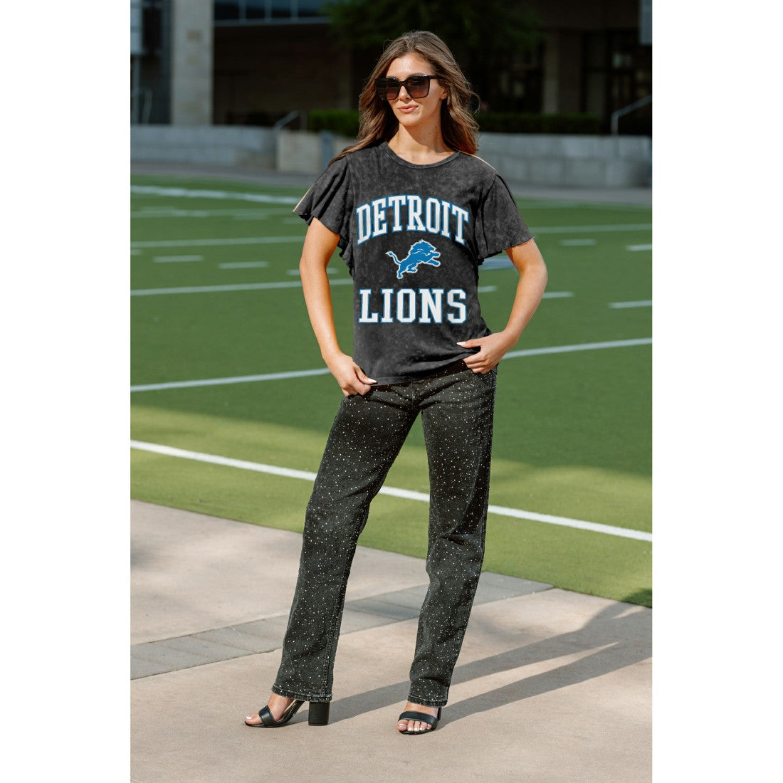 Detroit Lions Gameday Couture Women's Relaxed Flutter Sleeve T-Shirt - Black T-shirts