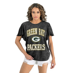 Green Bay Packers Gameday Couture Women's Relaxed Flutter Sleeve T-Shirt - Black T-shirts
