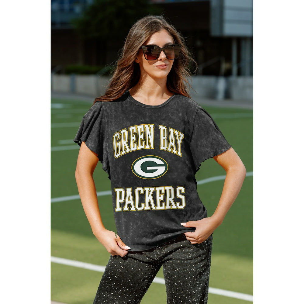 Green Bay Packers Gameday Couture Women's Relaxed Flutter Sleeve T-Shirt - Black T-shirts