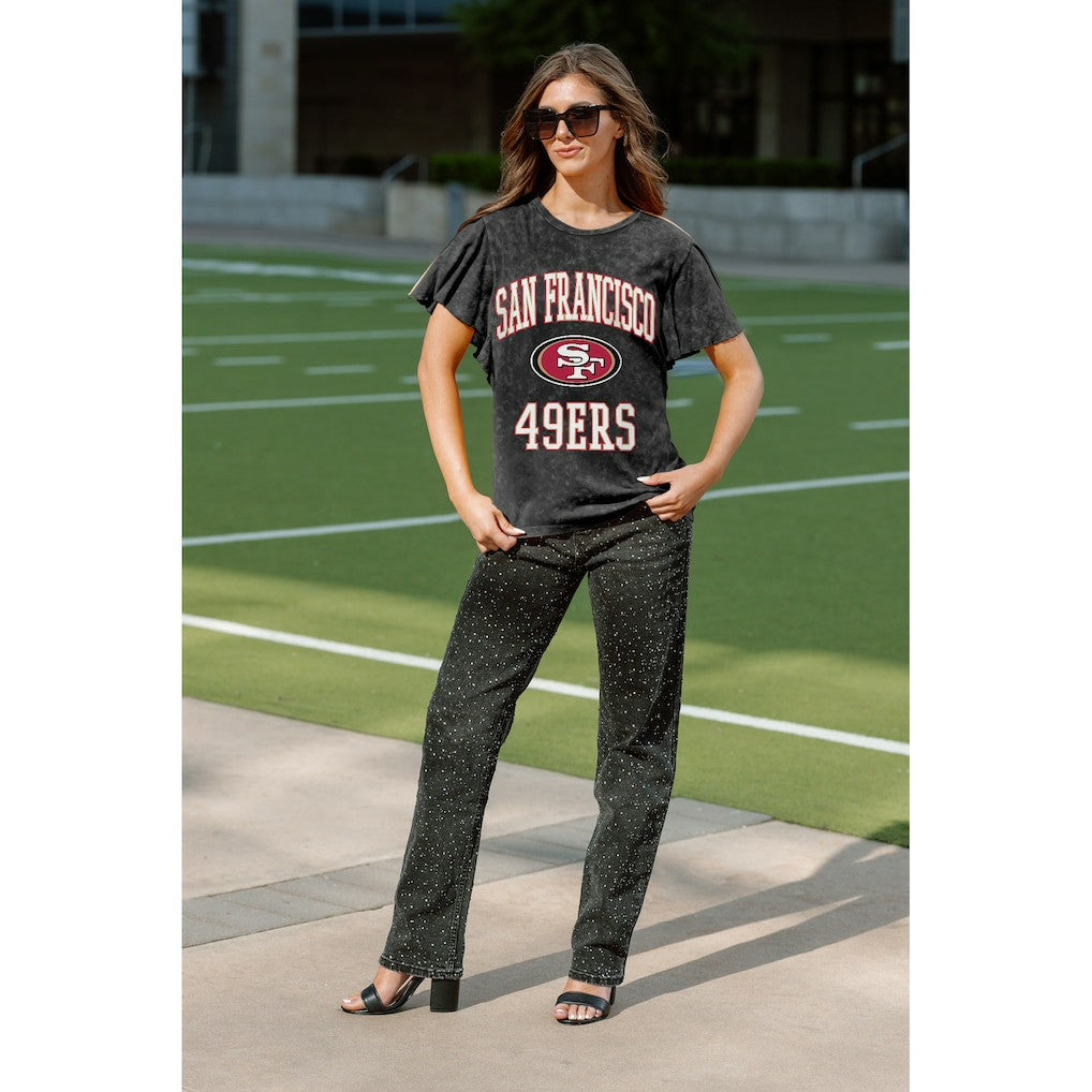 San Francisco 49ers Gameday Couture Women's Relaxed Flutter Sleeve T-Shirt - Black T-shirts