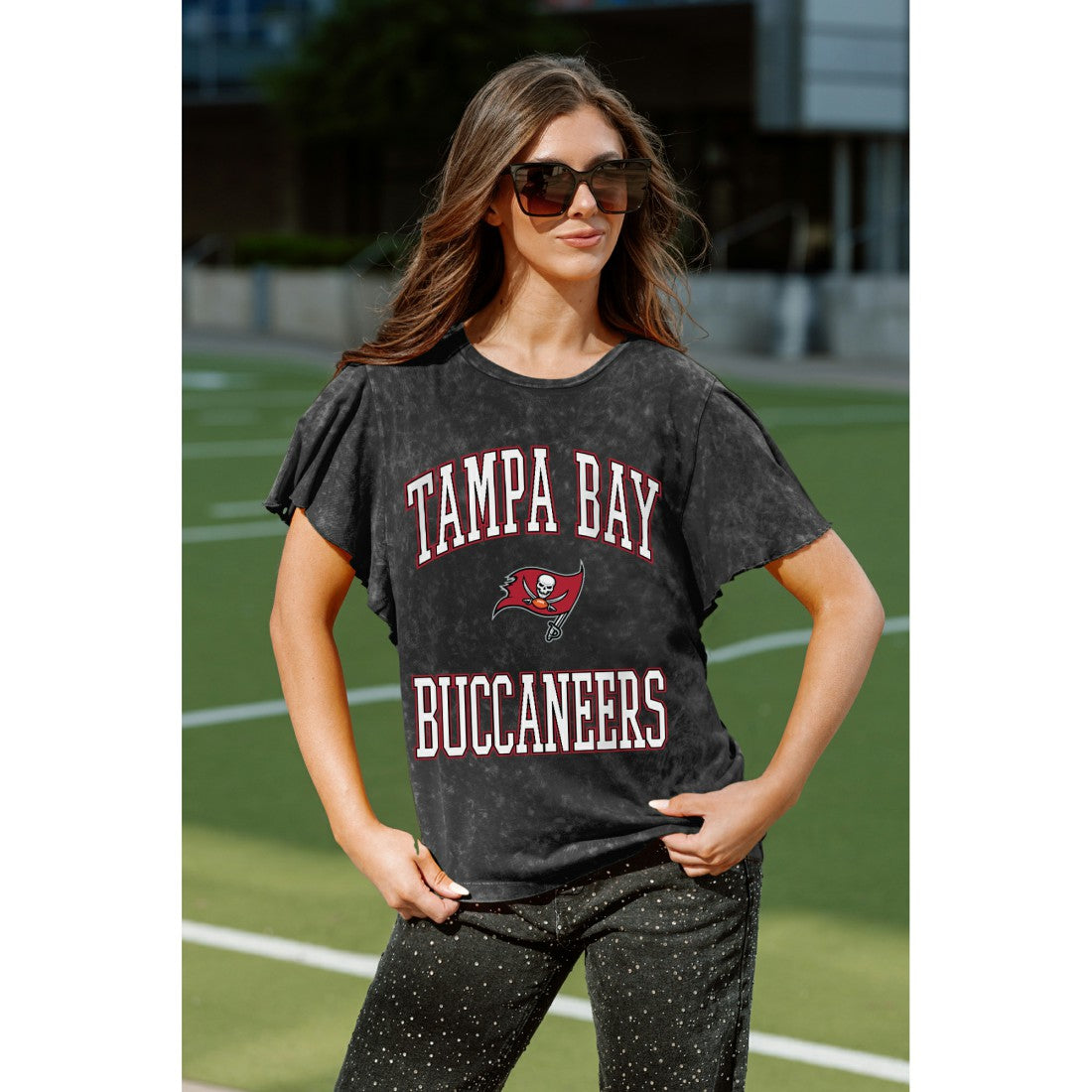 Tampa Bay Buccaneers Gameday Couture Women's Relaxed Flutter Sleeve T-Shirt - Black T-shirts