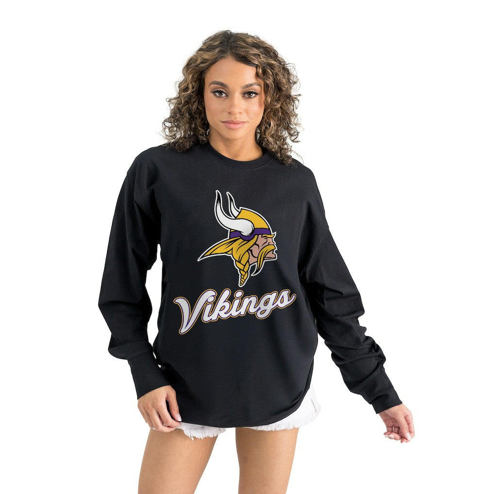 Minnesota Vikings Gameday Couture Women's Oversized Long Sleeve T-Shirt - Black T-shirts