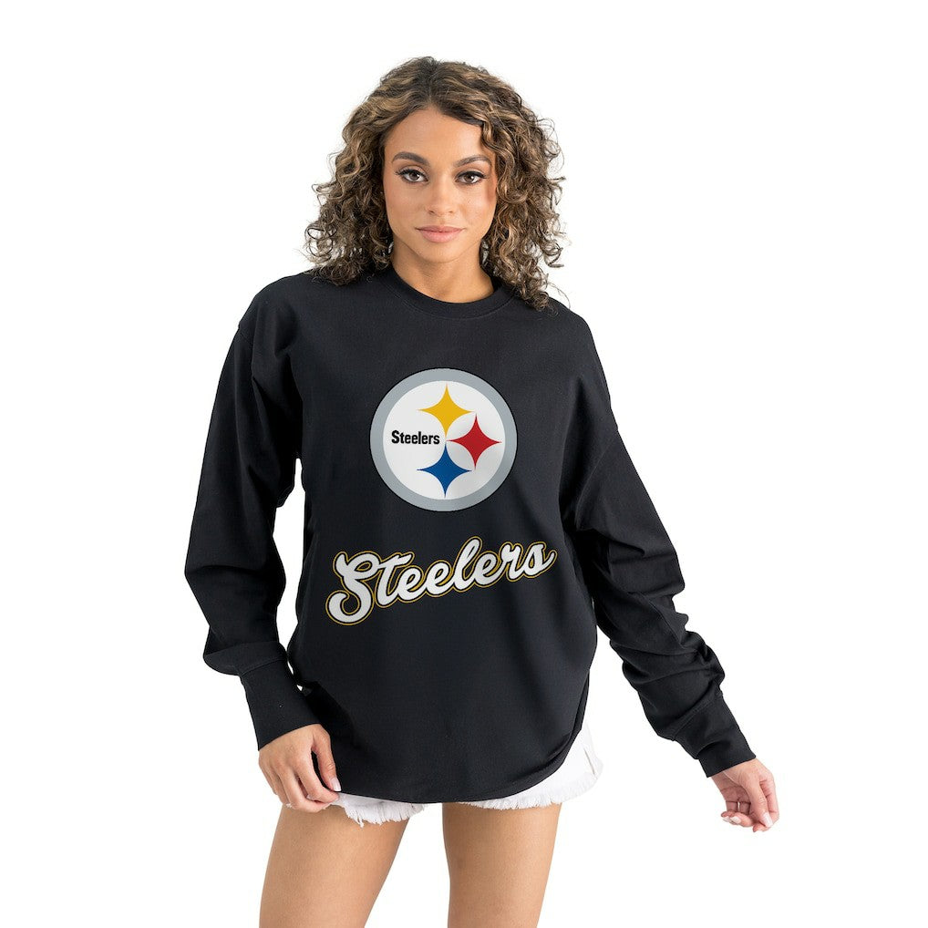 Pittsburgh Steelers Gameday Couture Women's Oversized Long Sleeve T-Shirt - Black T-shirts