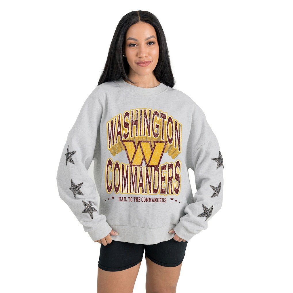 Washington Commanders Gameday Couture Women's Resilience Relaxed Rhinestone Pullover Sweatshirt - Ash Pullover