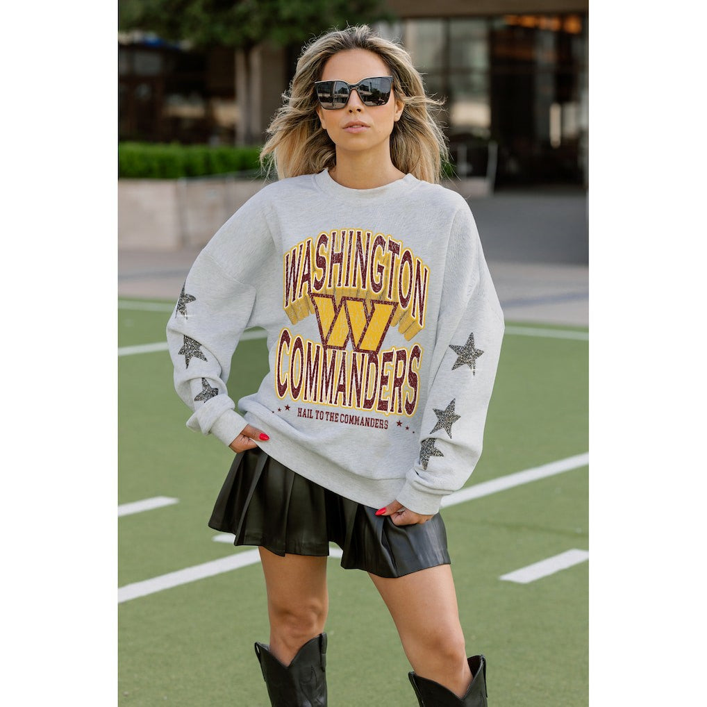 Washington Commanders Gameday Couture Women's Resilience Relaxed Rhinestone Pullover Sweatshirt - Ash Pullover
