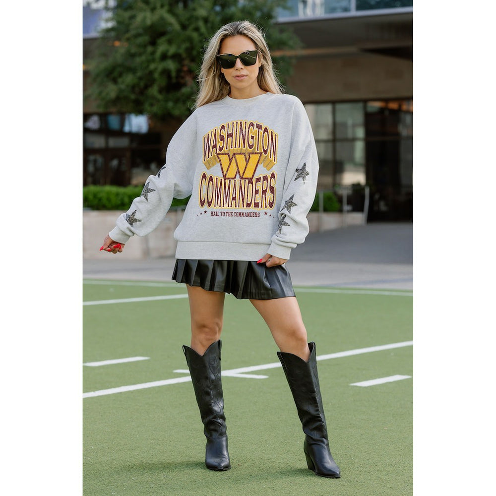 Washington Commanders Gameday Couture Women's Resilience Relaxed Rhinestone Pullover Sweatshirt - Ash Pullover