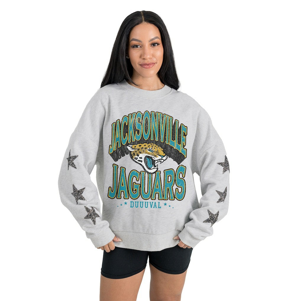 Jacksonville Jaguars Gameday Couture Women's Resilience Relaxed Rhinestone Pullover Sweatshirt - Ash Pullover