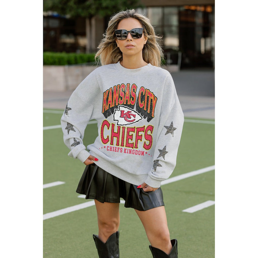 Kansas City Chiefs Gameday Couture Women's Resilience Relaxed Rhinestone Pullover Sweatshirt - Ash Pullover