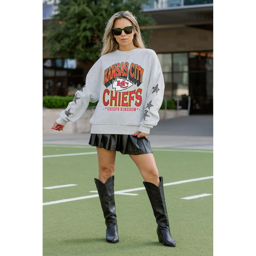 Kansas City Chiefs Gameday Couture Women's Resilience Relaxed Rhinestone Pullover Sweatshirt - Ash Pullover