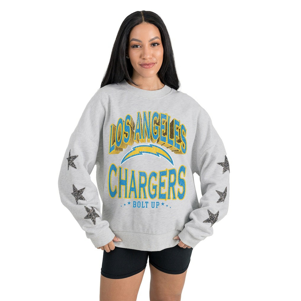 Los Angeles Chargers Gameday Couture Women's Resilience Relaxed Rhinestone Pullover Sweatshirt - Ash Pullover