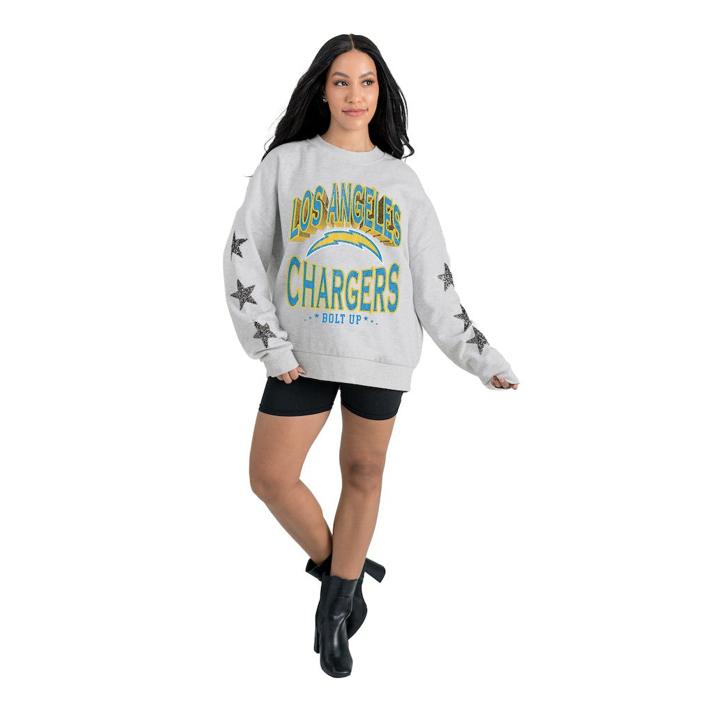 Los Angeles Chargers Gameday Couture Women's Resilience Relaxed Rhinestone Pullover Sweatshirt - Ash Pullover