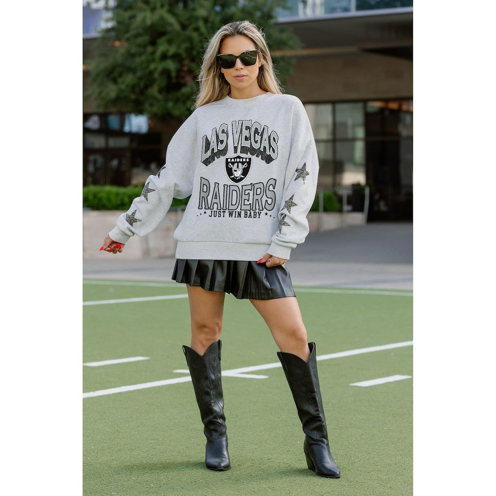 Las Vegas Raiders Gameday Couture Women's Resilience Relaxed Rhinestone Pullover Sweatshirt - Ash Pullover