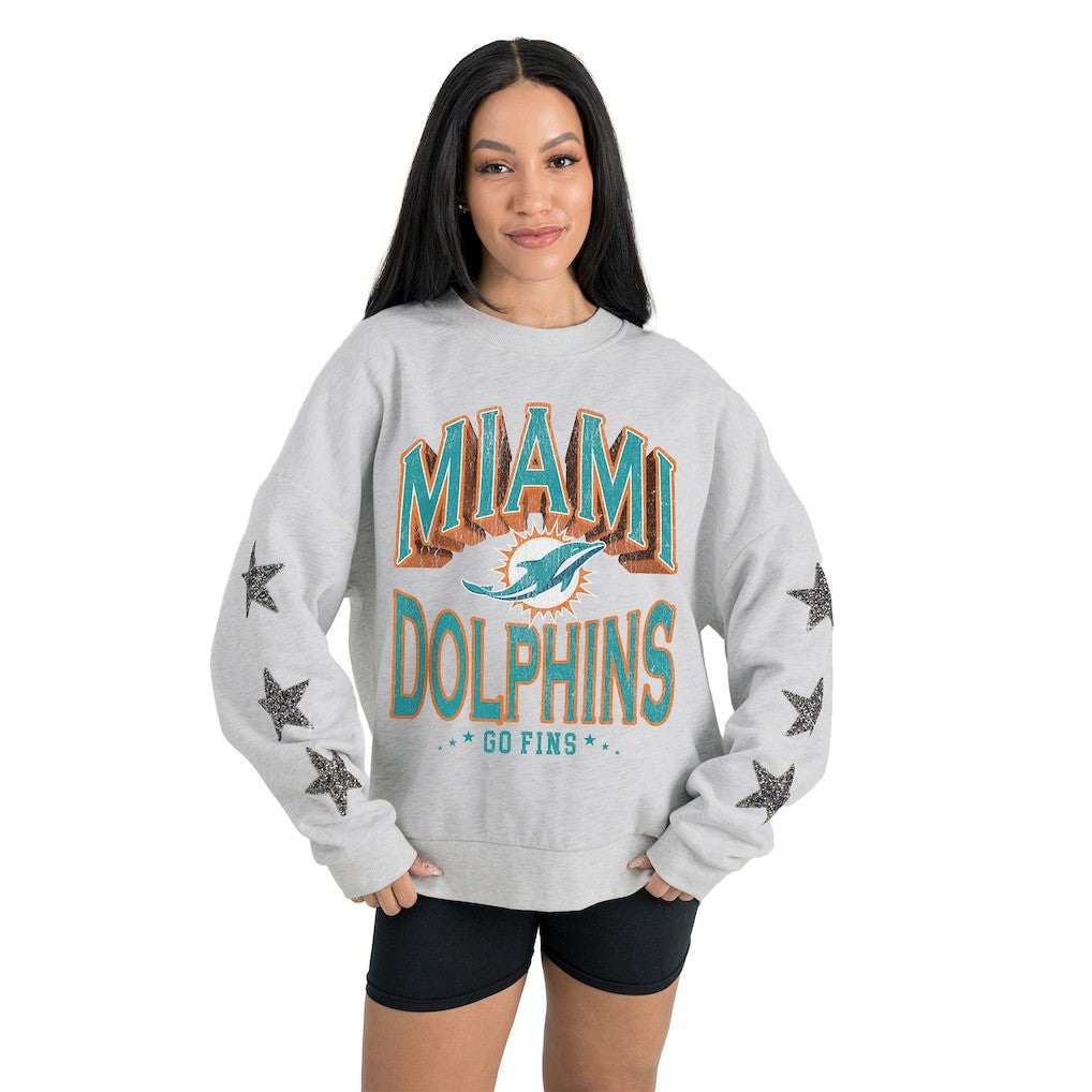 Miami Dolphins Gameday Couture Women's Resilience Relaxed Rhinestone Pullover Sweatshirt - Ash Pullover