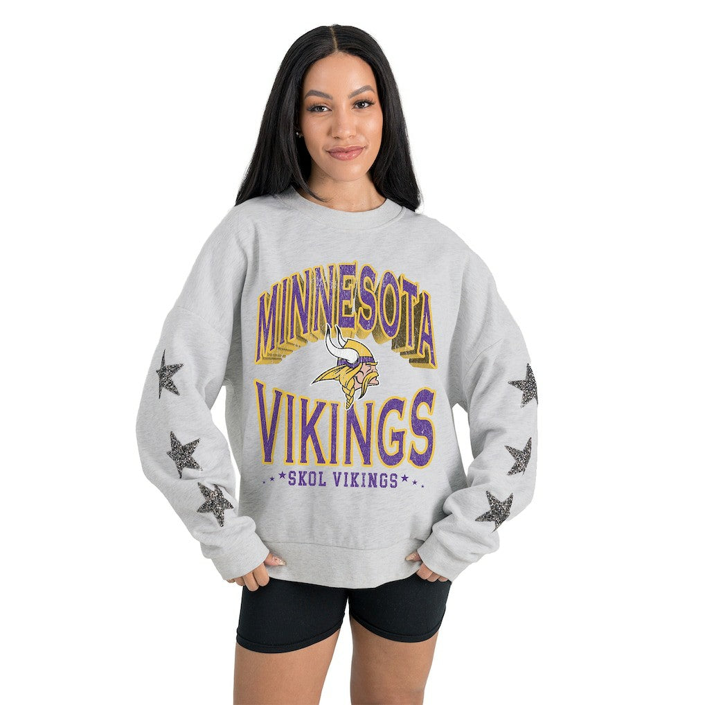 Minnesota Vikings Gameday Couture Women's Resilience Relaxed Rhinestone Pullover Sweatshirt - Ash Pullover