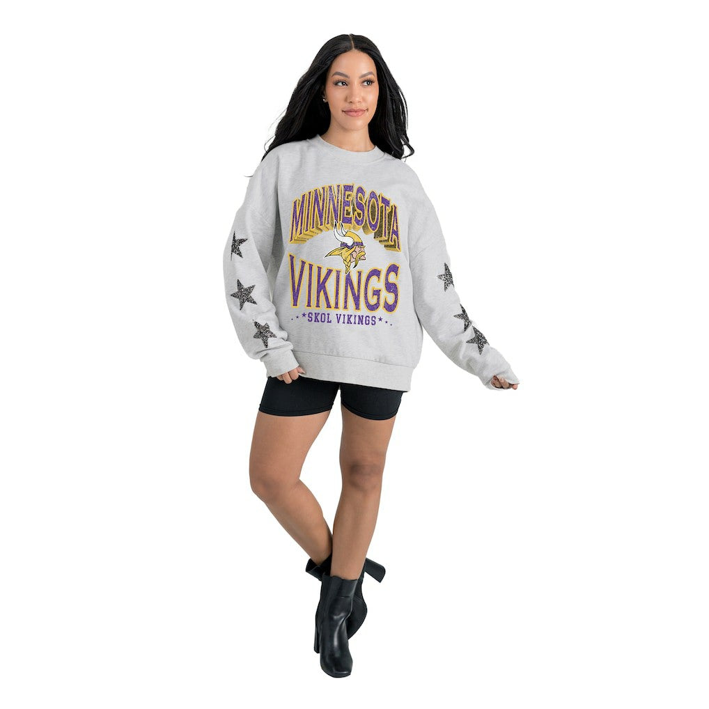 Minnesota Vikings Gameday Couture Women's Resilience Relaxed Rhinestone Pullover Sweatshirt - Ash Pullover