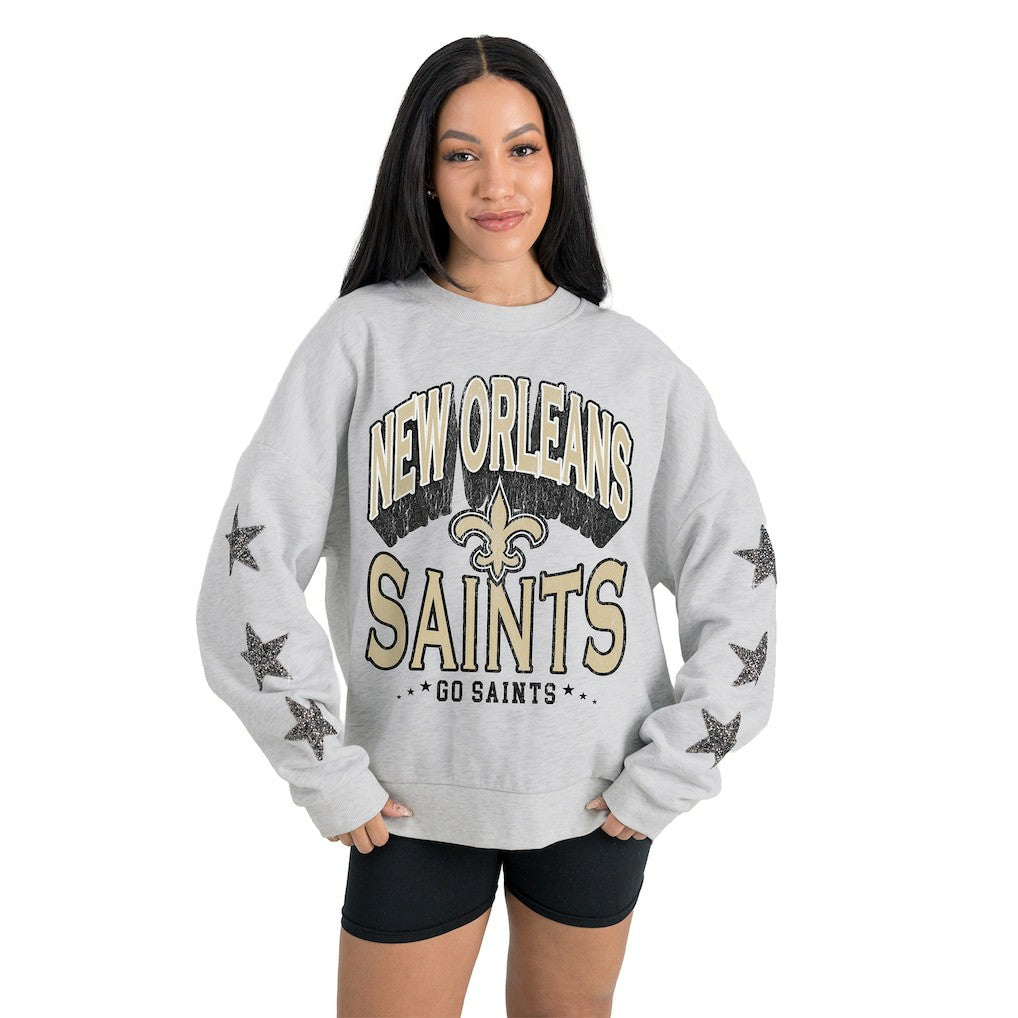 New Orleans Saints Gameday Couture Women's Resilience Relaxed Rhinestone Pullover Sweatshirt - Ash Pullover
