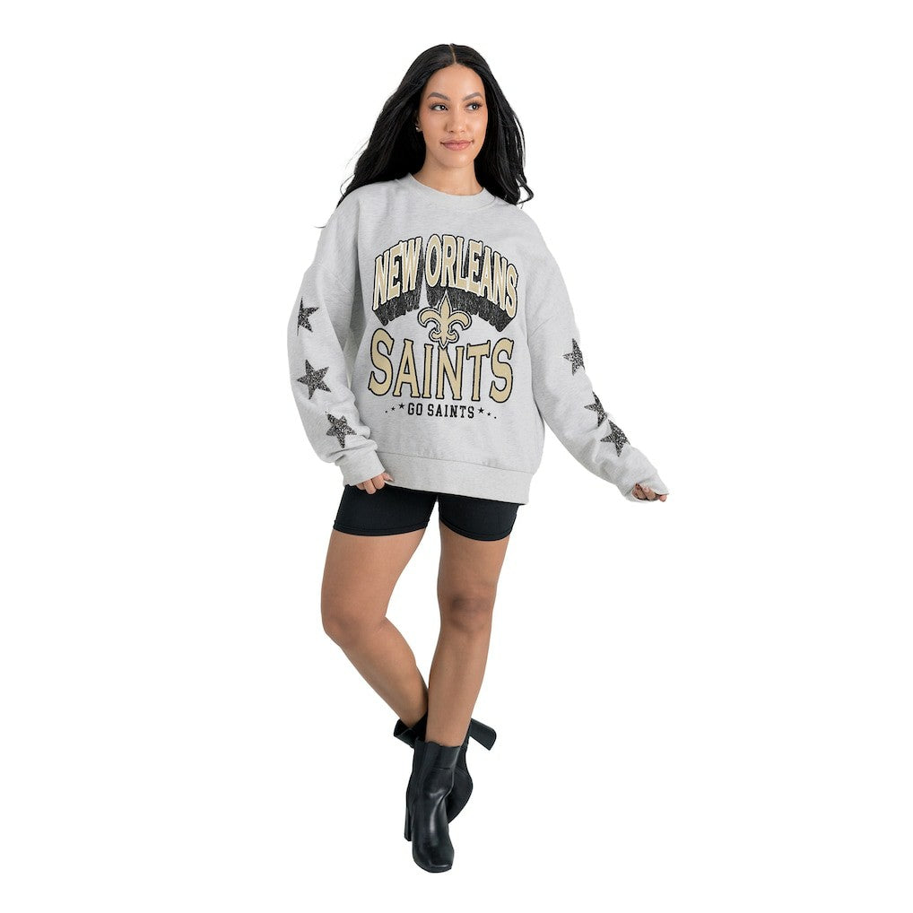 New Orleans Saints Gameday Couture Women's Resilience Relaxed Rhinestone Pullover Sweatshirt - Ash Pullover