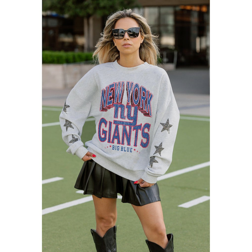 New York Giants Gameday Couture Women's Resilience Relaxed Rhinestone Pullover Sweatshirt - Ash Pullover