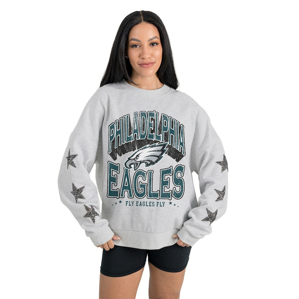 Philadelphia Eagles Gameday Couture Women's Resilience Relaxed Rhinestone Pullover Sweatshirt - Ash Pullover