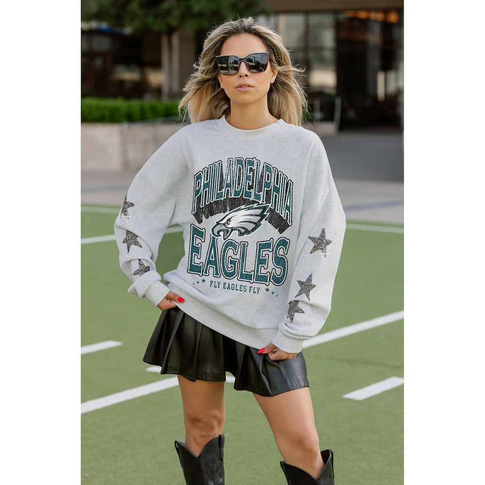 Philadelphia Eagles Gameday Couture Women's Resilience Relaxed Rhinestone Pullover Sweatshirt - Ash Pullover