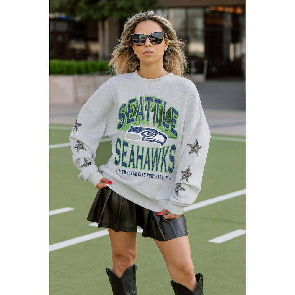 Seattle Seahawks Gameday Couture Women's Resilience Relaxed Rhinestone Pullover Sweatshirt - Ash Pullover
