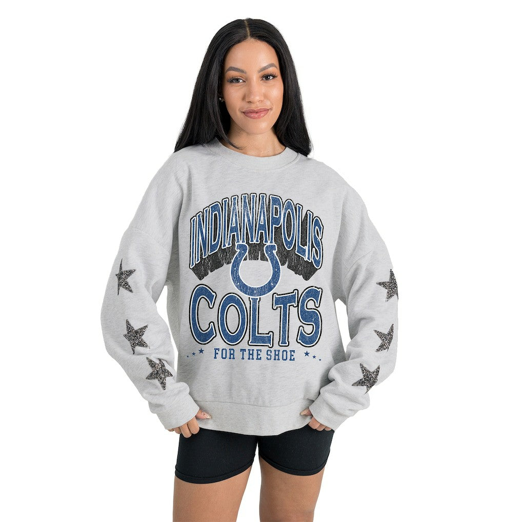 Indianapolis Colts Gameday Couture Women's Resilience Relaxed Rhinestone Pullover Sweatshirt - Ash Pullover
