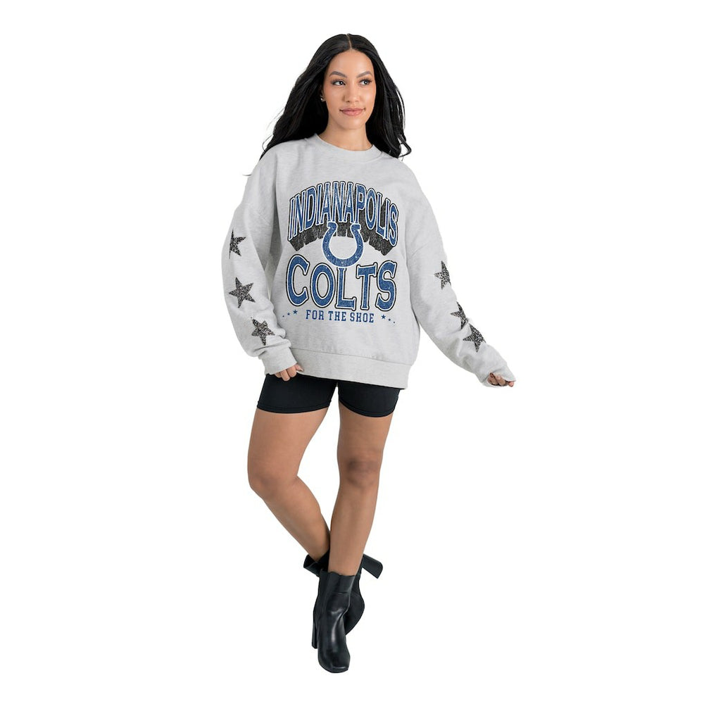 Indianapolis Colts Gameday Couture Women's Resilience Relaxed Rhinestone Pullover Sweatshirt - Ash Pullover