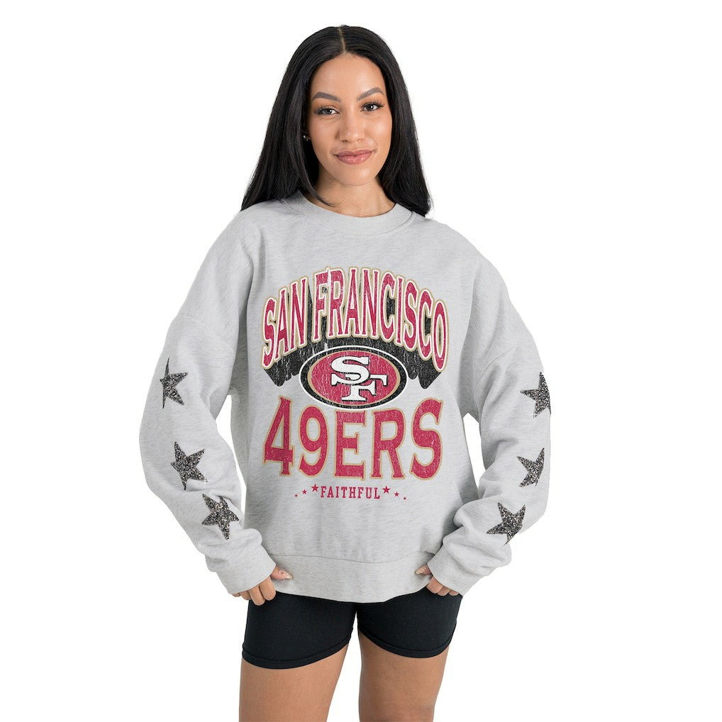 San Francisco 49ers Gameday Couture Women's Resilience Relaxed Rhinestone Pullover Sweatshirt - Ash Pullover