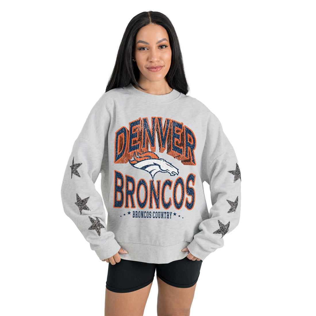 Denver Broncos Gameday Couture Women's Resilience Relaxed Rhinestone Pullover Sweatshirt - Ash Pullover