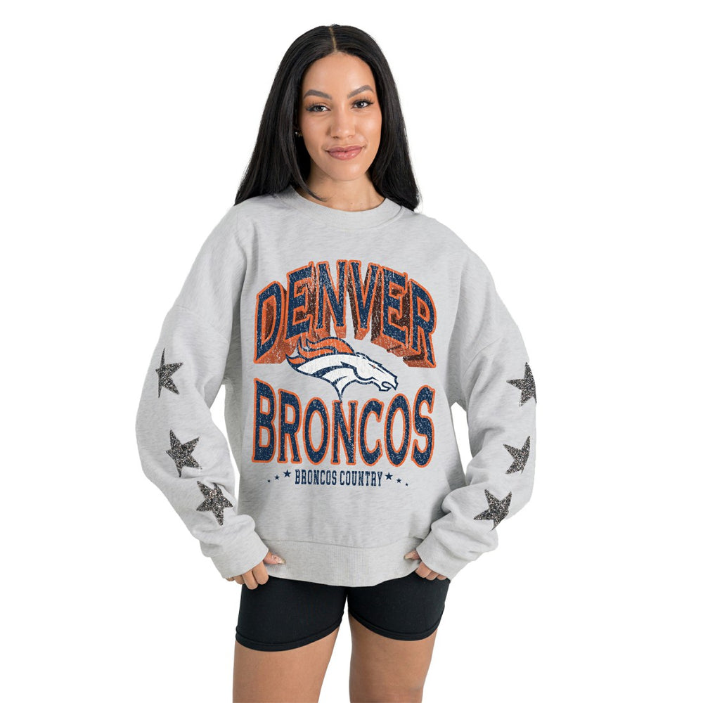 Denver Broncos Gameday Couture Women's Resilience Relaxed Rhinestone Pullover Sweatshirt - Ash Pullover