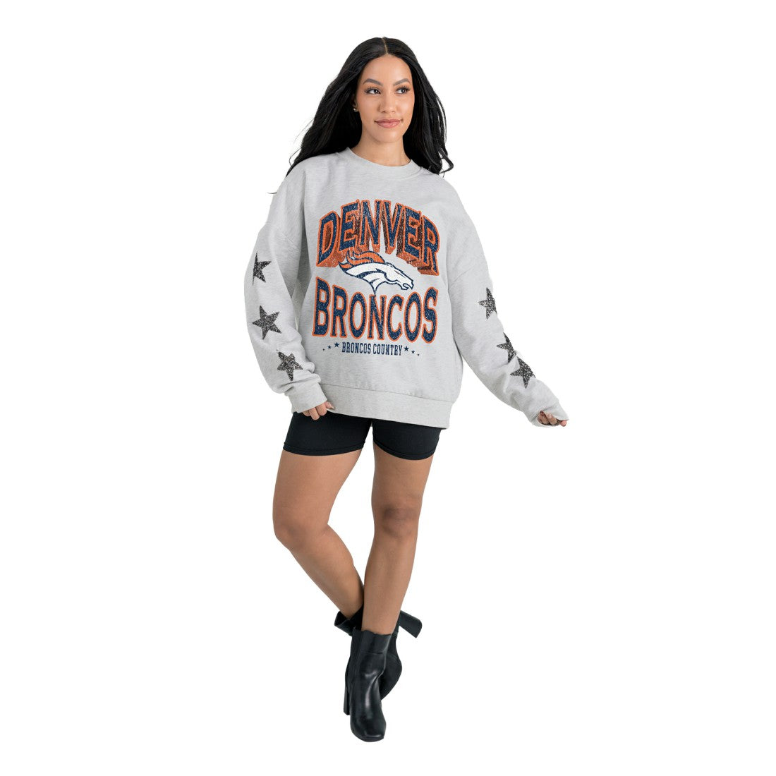 Denver Broncos Gameday Couture Women's Resilience Relaxed Rhinestone Pullover Sweatshirt - Ash Pullover