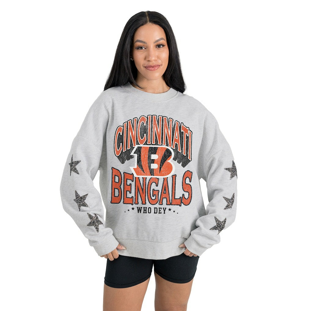 Cincinnati Bengals Gameday Couture Women's Resilience Relaxed Rhinestone Pullover Sweatshirt - Ash Pullover