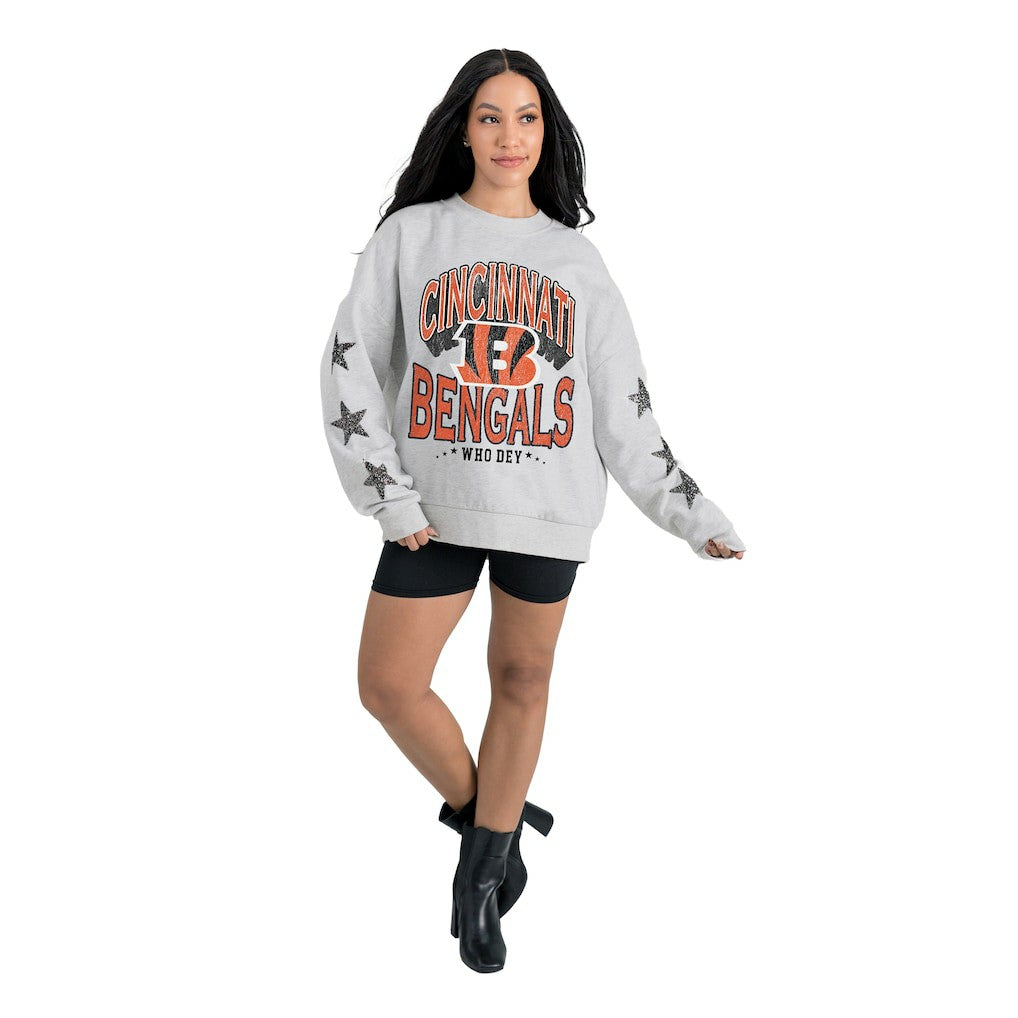 Cincinnati Bengals Gameday Couture Women's Resilience Relaxed Rhinestone Pullover Sweatshirt - Ash Pullover