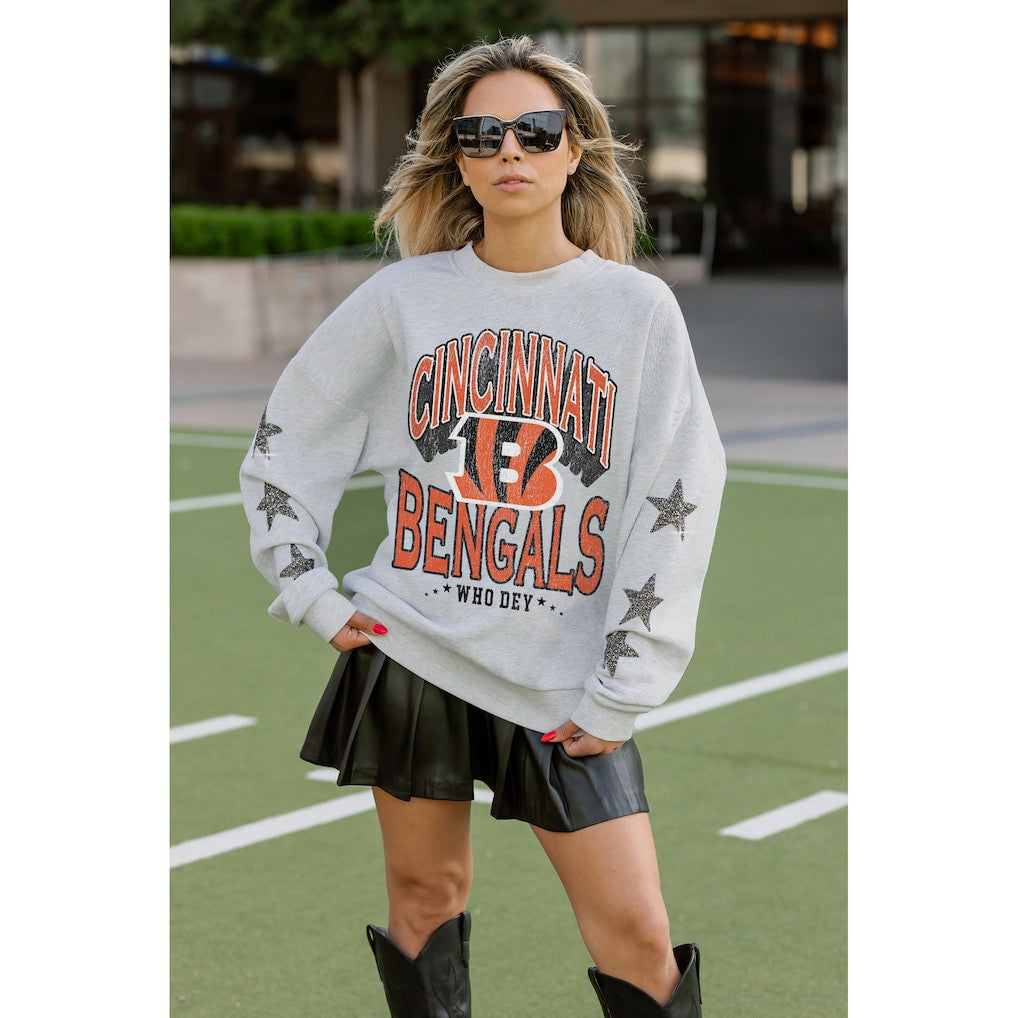 Cincinnati Bengals Gameday Couture Women's Resilience Relaxed Rhinestone Pullover Sweatshirt - Ash Pullover