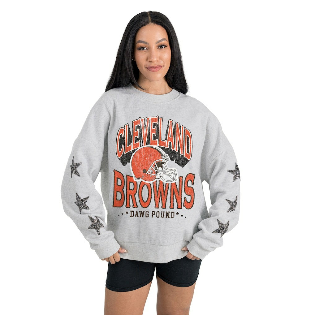 Cleveland Browns Gameday Couture Women's Resilience Relaxed Rhinestone Pullover Sweatshirt - Ash Pullover