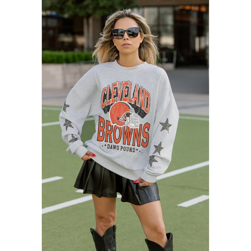 Cleveland Browns Gameday Couture Women's Resilience Relaxed Rhinestone Pullover Sweatshirt - Ash Pullover