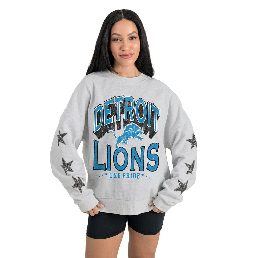 Detroit Lions Gameday Couture Women's Resilience Relaxed Rhinestone Pullover Sweatshirt - Ash Pullover