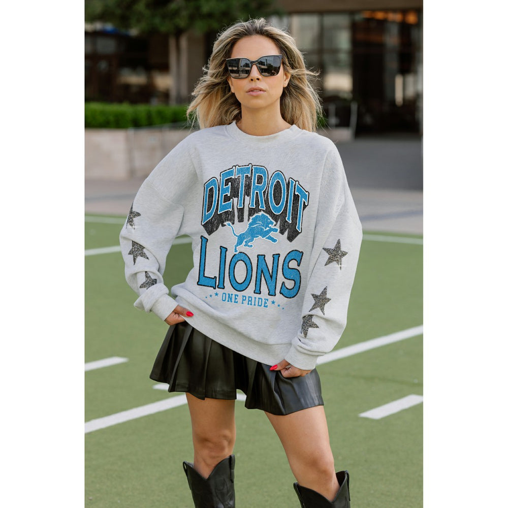 Detroit Lions Gameday Couture Women's Resilience Relaxed Rhinestone Pullover Sweatshirt - Ash Pullover