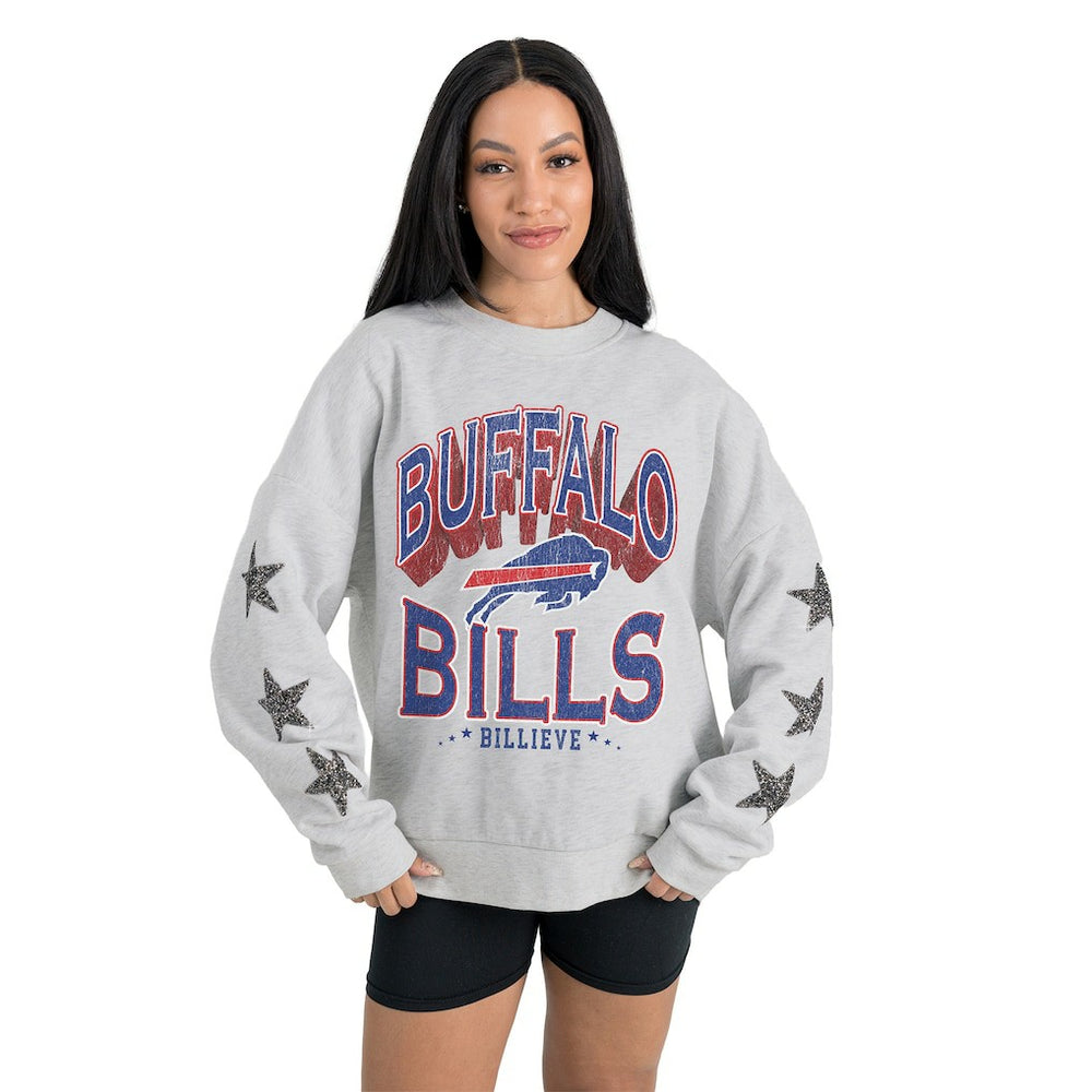 Buffalo Bills Gameday Couture Women's Resilience Relaxed Rhinestone Pullover Sweatshirt - Ash Pullover