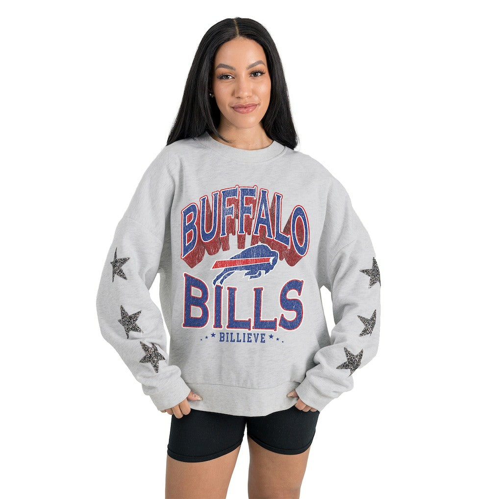 Buffalo Bills Gameday Couture Women's Resilience Relaxed Rhinestone Pullover Sweatshirt - Ash Pullover