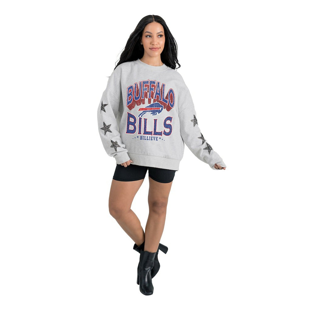 Buffalo Bills Gameday Couture Women's Resilience Relaxed Rhinestone Pullover Sweatshirt - Ash Pullover