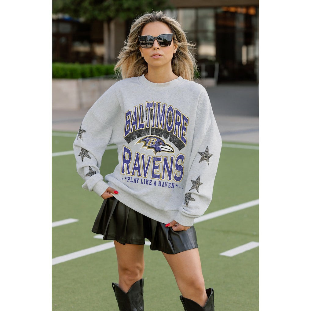 Baltimore Ravens Gameday Couture Women's Resilience Relaxed Rhinestone Pullover Sweatshirt - Ash Pullover