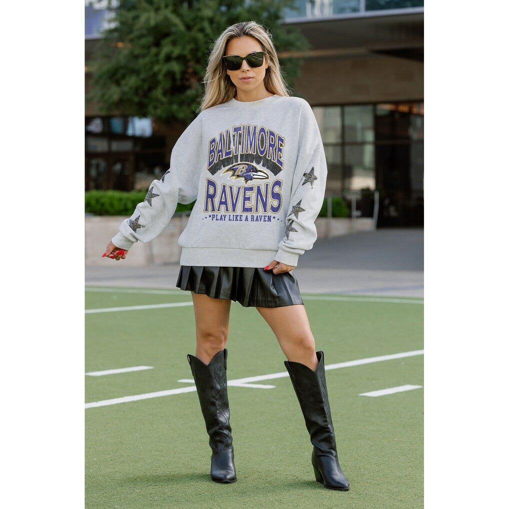 Baltimore Ravens Gameday Couture Women's Resilience Relaxed Rhinestone Pullover Sweatshirt - Ash Pullover
