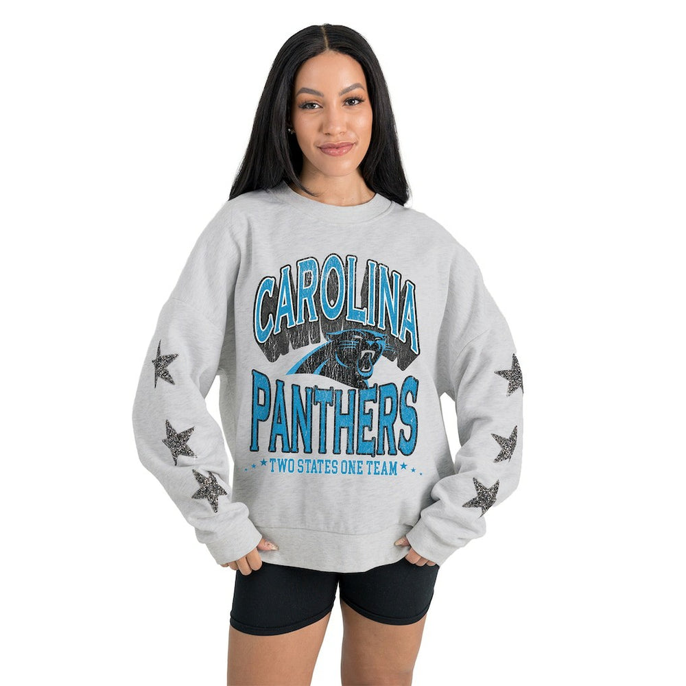Carolina Panthers Gameday Couture Women's Resilience Relaxed Rhinestone Pullover Sweatshirt - Ash Pullover