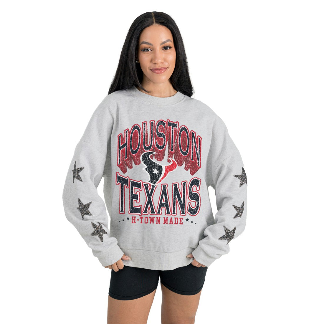 Houston Texans Gameday Couture Women's Resilience Relaxed Rhinestone Pullover Sweatshirt - Ash Pullover