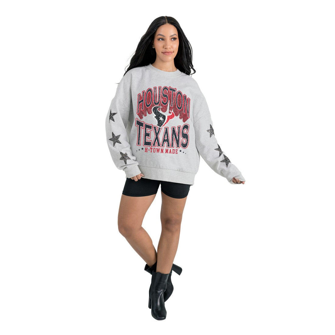Houston Texans Gameday Couture Women's Resilience Relaxed Rhinestone Pullover Sweatshirt - Ash Pullover
