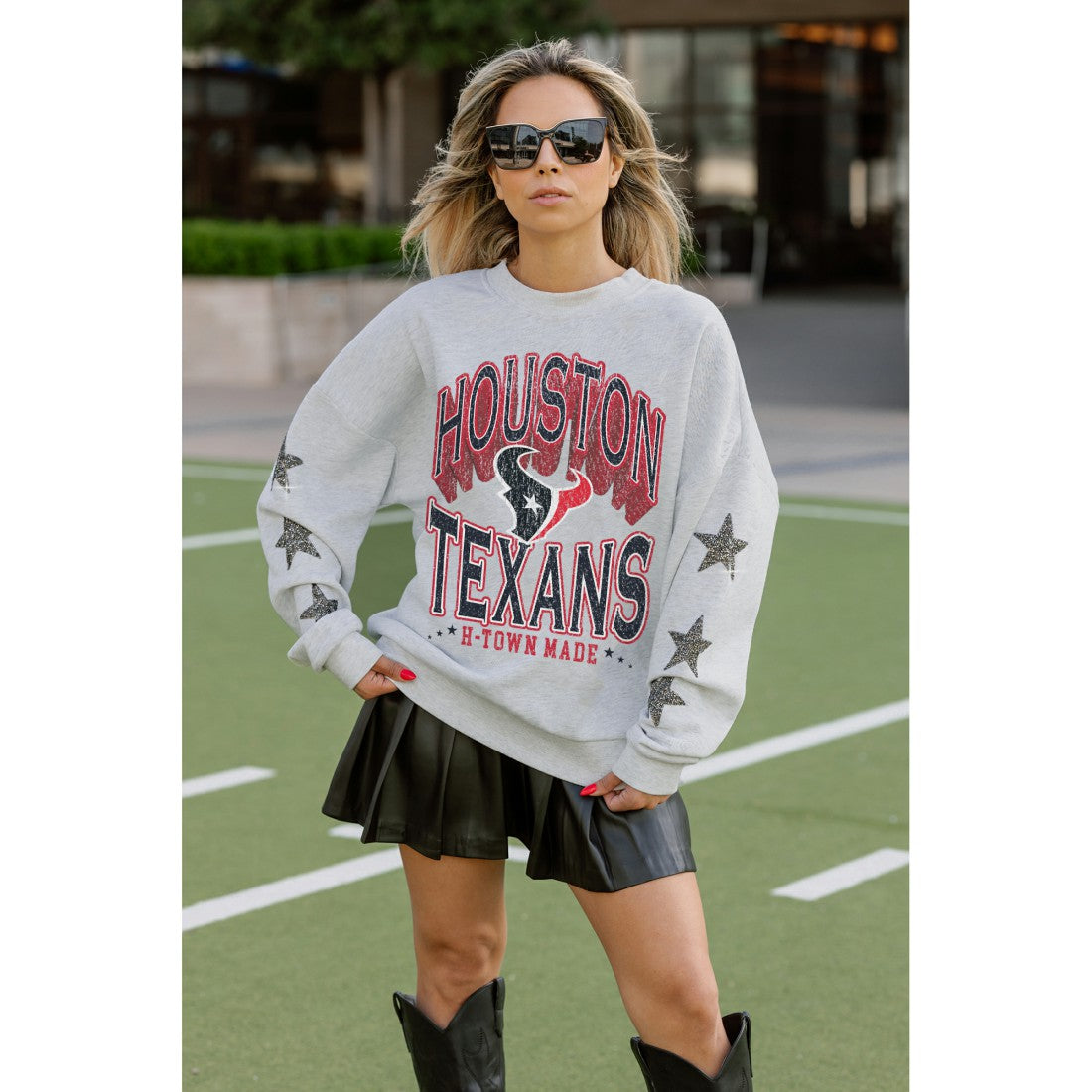 Houston Texans Gameday Couture Women's Resilience Relaxed Rhinestone Pullover Sweatshirt - Ash Pullover
