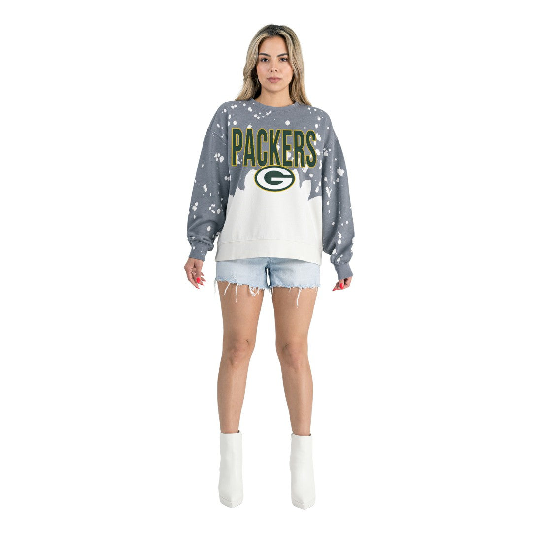 Green Bay Packers Gameday Couture Women's Oversized Faded Wash Tri-Blend Pullover Sweatshirt - Gray Pullover