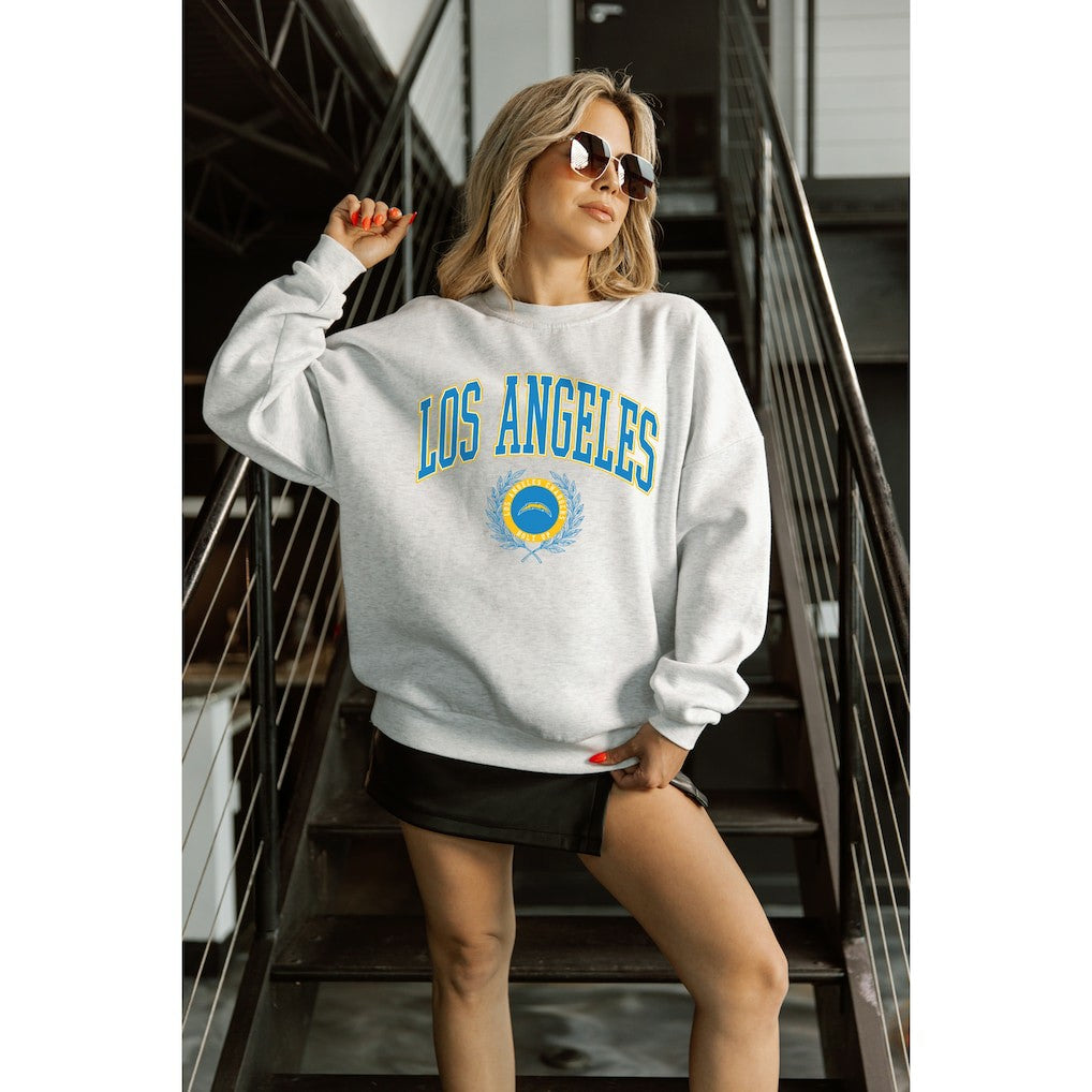 Los Angeles Chargers Gameday Couture Women's Traditional Logo Oversized Premium Fleece Pullover Sweatshirt - Ash Pullover